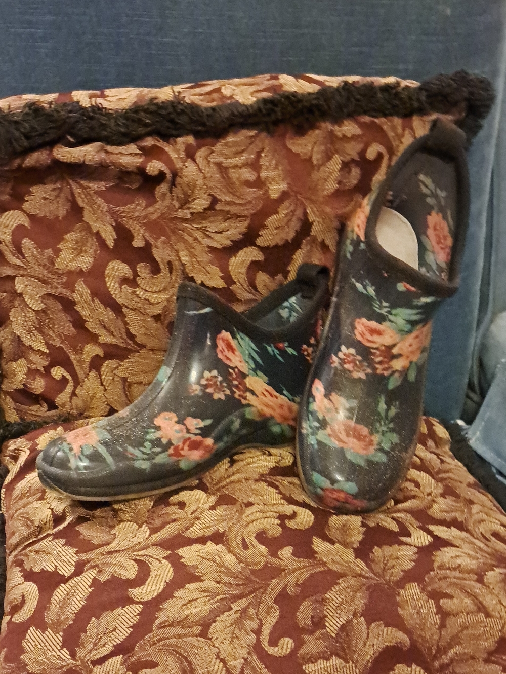 Women's Floral Garden Rain Ankle Boots - Black with Coral Flowers